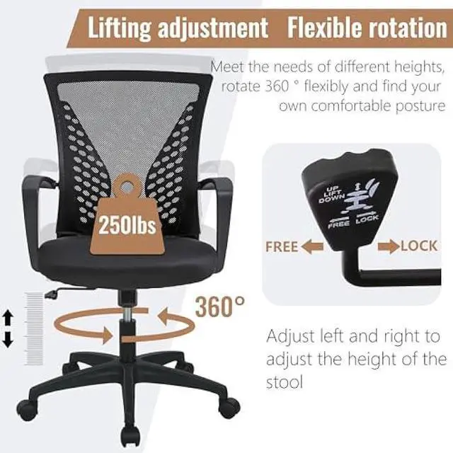 Alt view image 4 of 4 - Home Office Chair Mid Back PC Swivel Lumbar Support Adjustable Desk Task Computer Ergonomic Comfortable Mesh Chair with Armrest (Black)