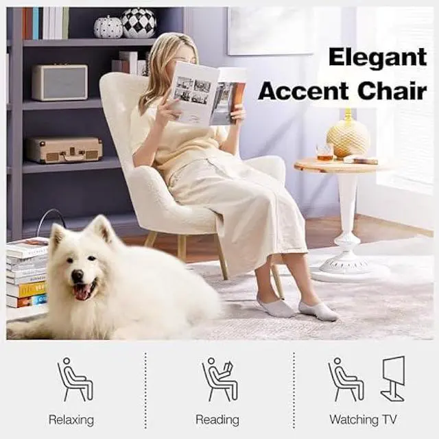 Alt view image 4 of 5 - Yaheetech Accent Chair, Modern Boucle Vanity Chair with High Back and Wood-Tone Metal Legs, Sherpa Chair for Living Room, Home Office, Ivory