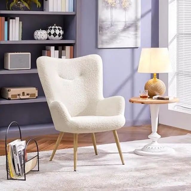 Main image of Yaheetech Accent Chair, Modern Boucle Vanity Chair with High Back and Wood-Tone Metal Legs, Sherpa Chair for Living Room, Home Office, Ivory