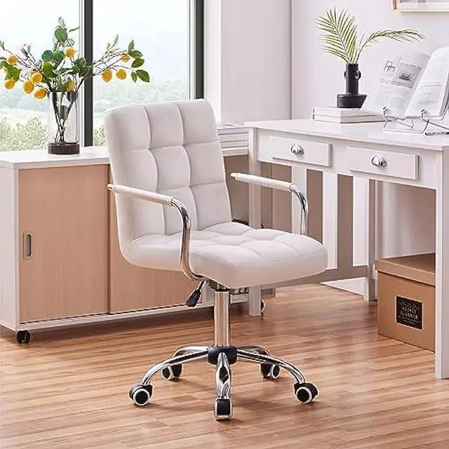 Alt view image 2 of 4 - Yaheetech White Desk Chairs with Wheels/Armrests Modern PU Leather Office Chair Midback Adjustable Home Computer Executive Chair 360° Swivel