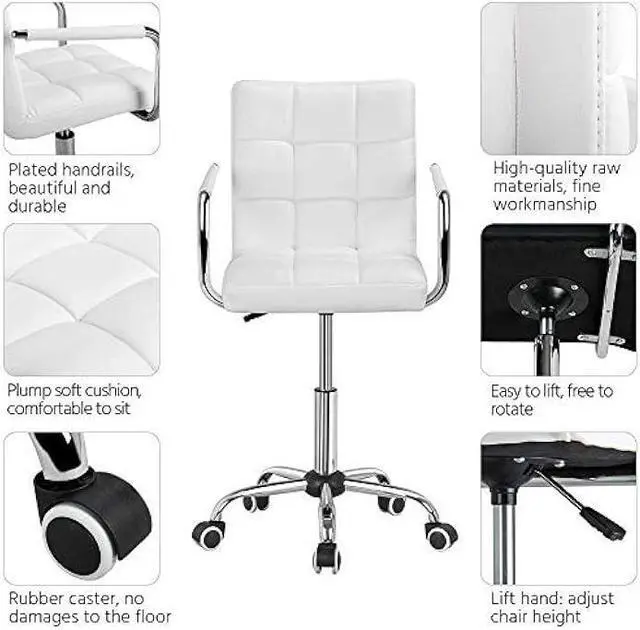 Alt view image 3 of 4 - Yaheetech White Desk Chairs with Wheels/Armrests Modern PU Leather Office Chair Midback Adjustable Home Computer Executive Chair 360° Swivel