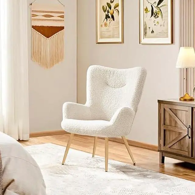 Alt view image 3 of 5 - Yaheetech Accent Chair, Modern Boucle Vanity Chair with High Back and Wood-Tone Metal Legs, Sherpa Chair for Living Room, Home Office, Ivory