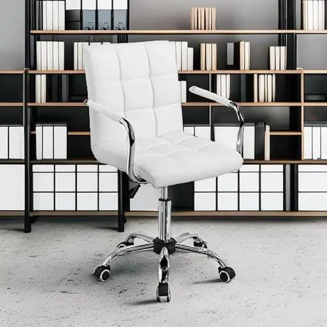 Alt view image 4 of 4 - Yaheetech White Desk Chairs with Wheels/Armrests Modern PU Leather Office Chair Midback Adjustable Home Computer Executive Chair 360° Swivel