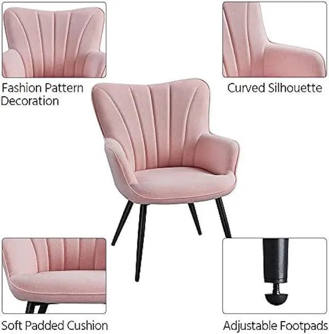 Alt view image 4 of 4 - Yaheetech Accent Chair, Modern and Elegant Armchair, Linen Fabric Vanity Chair with Metal Legs and High Back for Living Room Bedroom Office Waiting Room, Pink