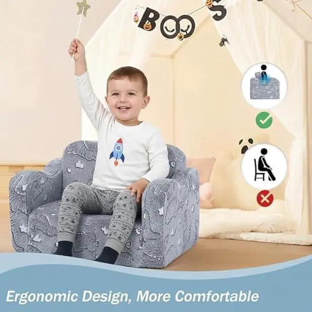Alt view image 3 of 5 - MeMoreCool Glow-in-the-Dark Dinosaur Toddler Sofa Bed  2-in-1 Fold-Out Plush Chair & Lounger, Removable Washable Cover, Soft Foam Couch for Boys & Girls Ages 13, Playroom & Nursery (Gray)