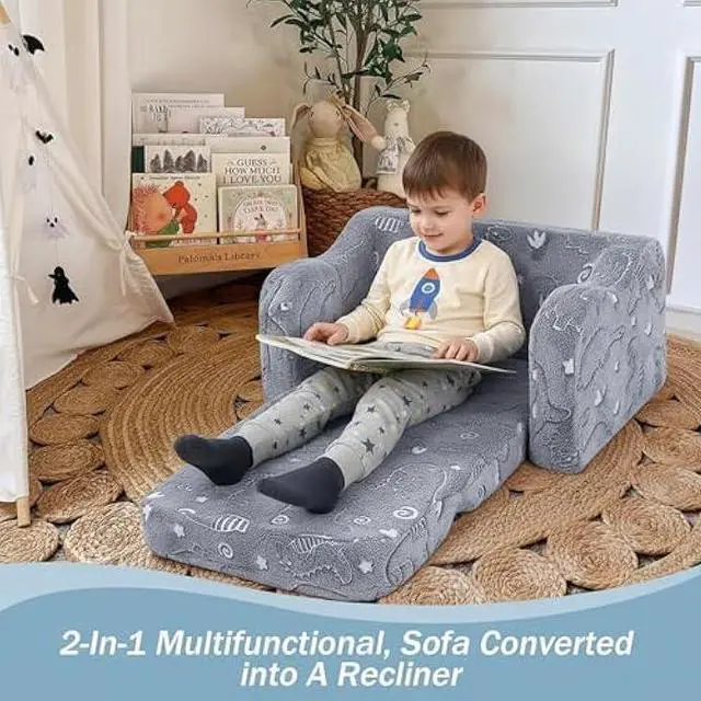 Alt view image 4 of 5 - MeMoreCool Glow-in-the-Dark Dinosaur Toddler Sofa Bed  2-in-1 Fold-Out Plush Chair & Lounger, Removable Washable Cover, Soft Foam Couch for Boys & Girls Ages 13, Playroom & Nursery (Gray)