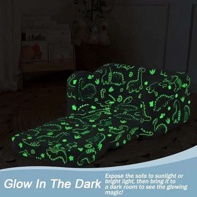 Alt view image 5 of 5 - MeMoreCool Glow-in-the-Dark Dinosaur Toddler Sofa Bed  2-in-1 Fold-Out Plush Chair & Lounger, Removable Washable Cover, Soft Foam Couch for Boys & Girls Ages 13, Playroom & Nursery (Gray)