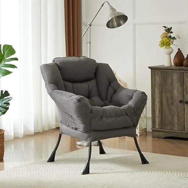 Alt view image 2 of 5 - HollyHOME Lazy Chair with Armrest and Side Pocket, Comfy Accent Lounge Chair,Leisure Sofa Armchair for Living Room, Bedroom, Dorm, or Small Spaces, Oversized Reading Sofa Chair,Dark Grey