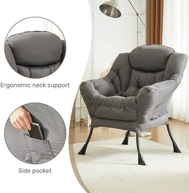 Alt view image 4 of 5 - HollyHOME Lazy Chair with Armrest and Side Pocket, Comfy Accent Lounge Chair,Leisure Sofa Armchair for Living Room, Bedroom, Dorm, or Small Spaces, Oversized Reading Sofa Chair,Dark Grey
