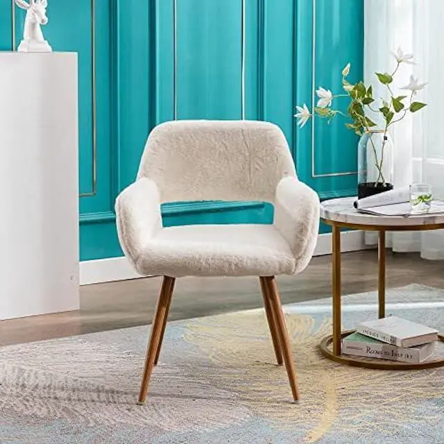 Alt view image 4 of 4 - KCC Furry Desk Chair, Mid-Century Modern Accent Comfy Armchair with Faux Fur for Teen Girls, Wood Look Metal Legs Living Dining Room, Home Vanity Makeup Office No Wheel, White.