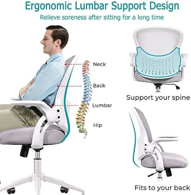 Alt view image 4 of 5 - Home Office Chair, Mid Back Mesh Computer Chair, Ergonomic Desk Chair, Height Adjustable Rolling Swivel Task Chair with Flip-up Armrests and Lumbar Support, Gray