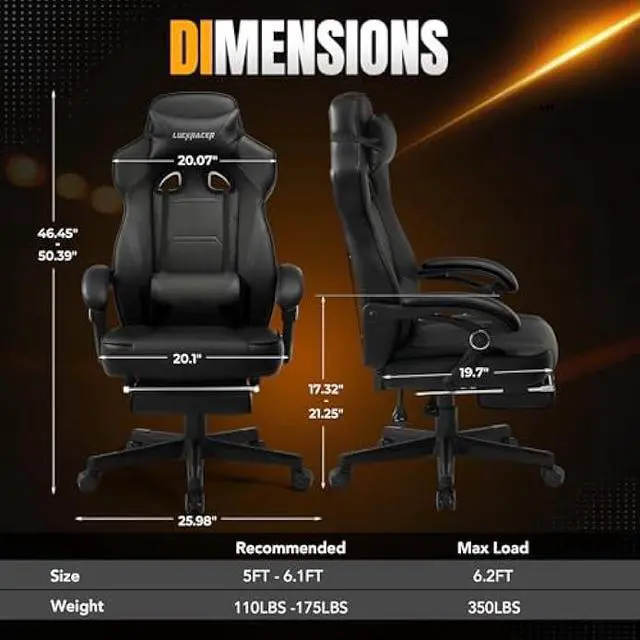Alt view image 3 of 7 - LUCKRACER Gaming Chair, Video Game Chairs Gaming Computer Chair with Footrest 350Lb Heavy Duty Gaming Chair Ergonomic Office Chair Lumbar Support for Adults, High Back, Swivel Seat, Recliner(Black)