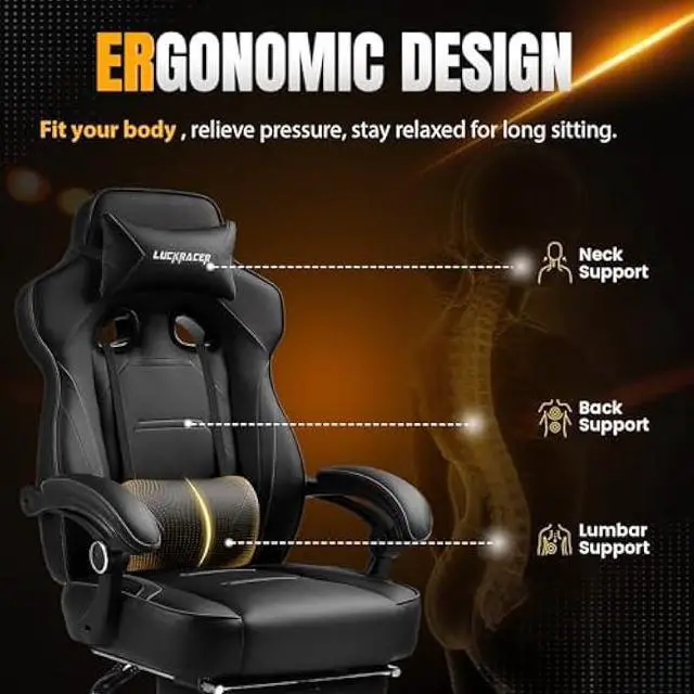 Alt view image 6 of 7 - LUCKRACER Gaming Chair, Video Game Chairs Gaming Computer Chair with Footrest 350Lb Heavy Duty Gaming Chair Ergonomic Office Chair Lumbar Support for Adults, High Back, Swivel Seat, Recliner(Black)
