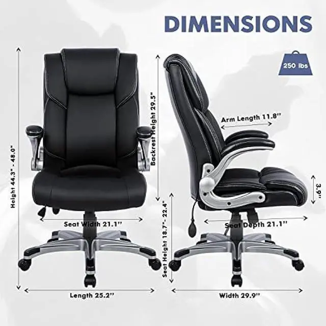 Alt view image 3 of 5 - COLAMY High Back Executive Office Chair- Ergonomic Home Computer Desk Leather Chair with Padded Flip-up Arms, Adjustable Tilt Lock, Swivel Rolling Chair for Adult Working Study-Black