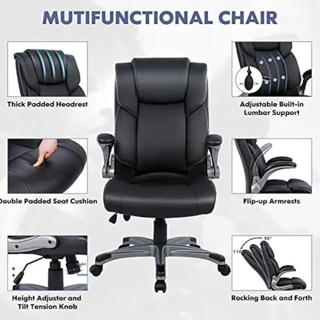 Alt view image 5 of 5 - COLAMY High Back Executive Office Chair- Ergonomic Home Computer Desk Leather Chair with Padded Flip-up Arms, Adjustable Tilt Lock, Swivel Rolling Chair for Adult Working Study-Black