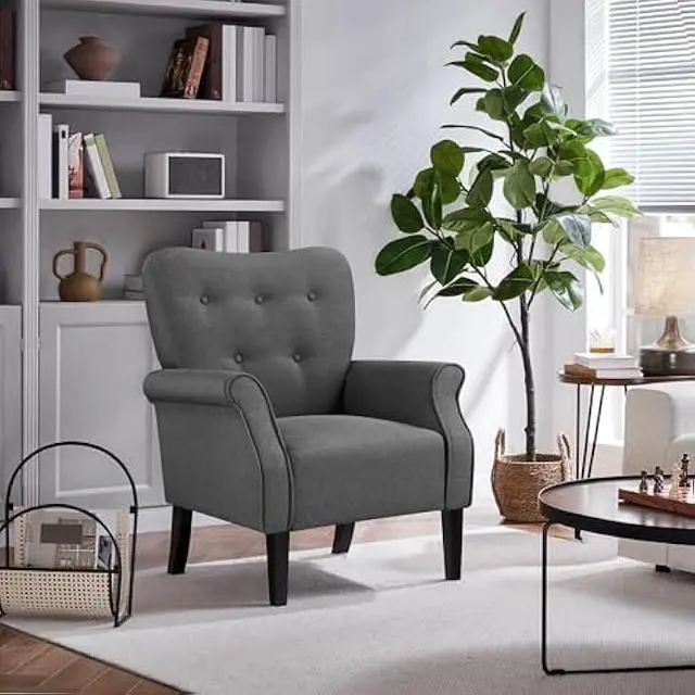 Alt view image 4 of 5 - Yaheetech Modern Armchair, Mid Century Accent Chair with Sturdy Wood Legs and High Back for Small Space, Upholstered Fabric Sofa Club Chair for Living Room/Bedroom/Office, Dark Gray