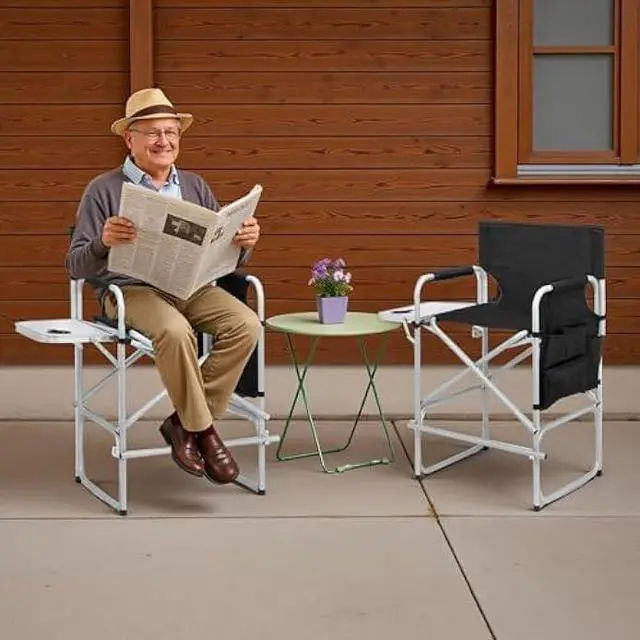 Alt view image 2 of 5 - Outvita 26 Tall Directors Chair Height Seat Folding with Side Table Storage Bag, Support for 300Lbs Portable Makeup Artist Chair with Bar Height Black