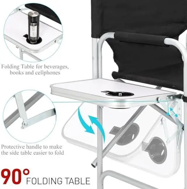 Alt view image 3 of 5 - Outvita 26 Tall Directors Chair Height Seat Folding with Side Table Storage Bag, Support for 300Lbs Portable Makeup Artist Chair with Bar Height Black