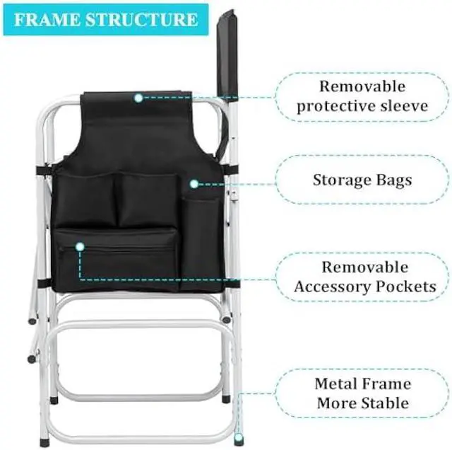 Alt view image 4 of 5 - Outvita 26 Tall Directors Chair Height Seat Folding with Side Table Storage Bag, Support for 300Lbs Portable Makeup Artist Chair with Bar Height Black