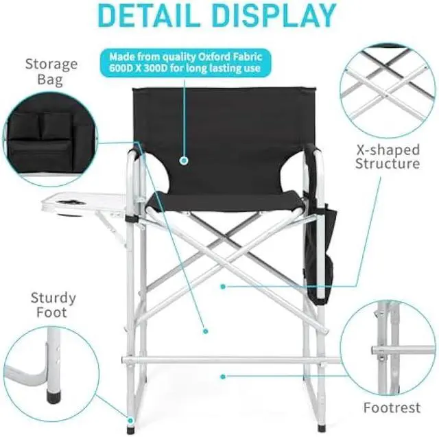 Alt view image 5 of 5 - Outvita 26 Tall Directors Chair Height Seat Folding with Side Table Storage Bag, Support for 300Lbs Portable Makeup Artist Chair with Bar Height Black