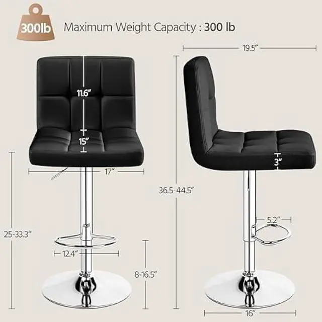Alt view image 3 of 5 - Yaheetech Bar Stools Set of 4, PU Leather Swivel Barstools, Height Adjustable Counter Chairs, Modern Stools with Back for Bar Kitchen Island Dining Room, Black