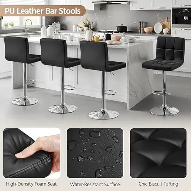 Alt view image 5 of 5 - Yaheetech Bar Stools Set of 2, Adjustable PU Leather Swivel Barstools, Modern Counter Stools with Back and Footrest, Counter Height Barstools for Bar, Kitchen, Dining Room, Black