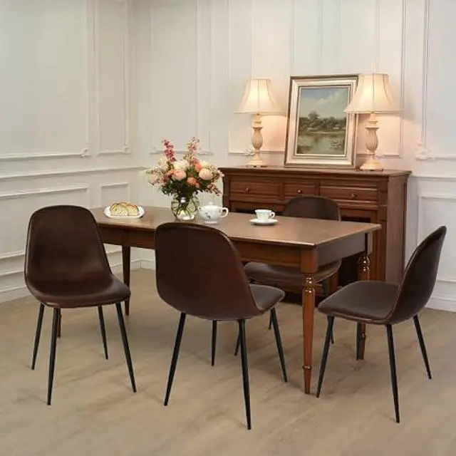 Alt view image 4 of 5 - CangLong Set of 2 Faux Leather Dining Chairs  Modern Armless Kitchen & Living Room Chairs with Comfortable Seat, Sturdy Metal Legs  Dark Brown