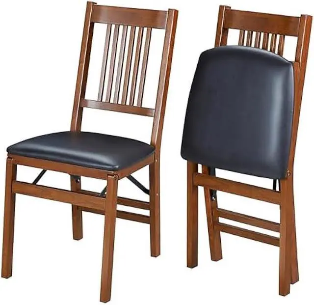 Main image of MECO Stakmore True Mission Wooden Folding Chairs with Padded Seats, Set of 2 - No Assembly Foldable Dining Chairs, Steel Folding Mechanism, Upholstered Cushion, Space-Saving, Fruitwood Frame
