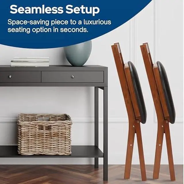 Alt view image 5 of 5 - MECO Stakmore True Mission Wooden Folding Chairs with Padded Seats, Set of 2 - No Assembly Foldable Dining Chairs, Steel Folding Mechanism, Upholstered Cushion, Space-Saving, Fruitwood Frame