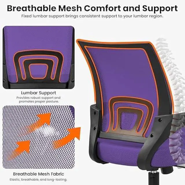 Alt view image 3 of 4 - Yaheetech Office Chair Ergonomic Mesh Chair w/Lumbar Support Armrest Wheels Comfortable Racing Seat Adjustable Swivel Rolling Home Executive Mid Back Computer Chair for Adults, Purple