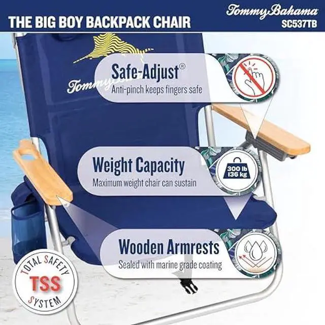 Alt view image 4 of 6 - Tommy Bahama Big Boy 4-Position Folding 13 High Seat Backpack Beach or Camping Chair, Navy