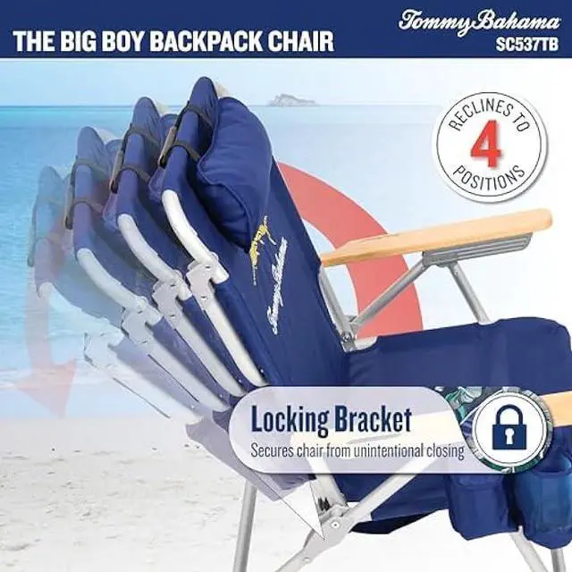 Alt view image 5 of 6 - Tommy Bahama Big Boy 4-Position Folding 13 High Seat Backpack Beach or Camping Chair, Navy