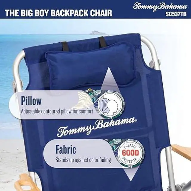Alt view image 6 of 6 - Tommy Bahama Big Boy 4-Position Folding 13 High Seat Backpack Beach or Camping Chair, Navy