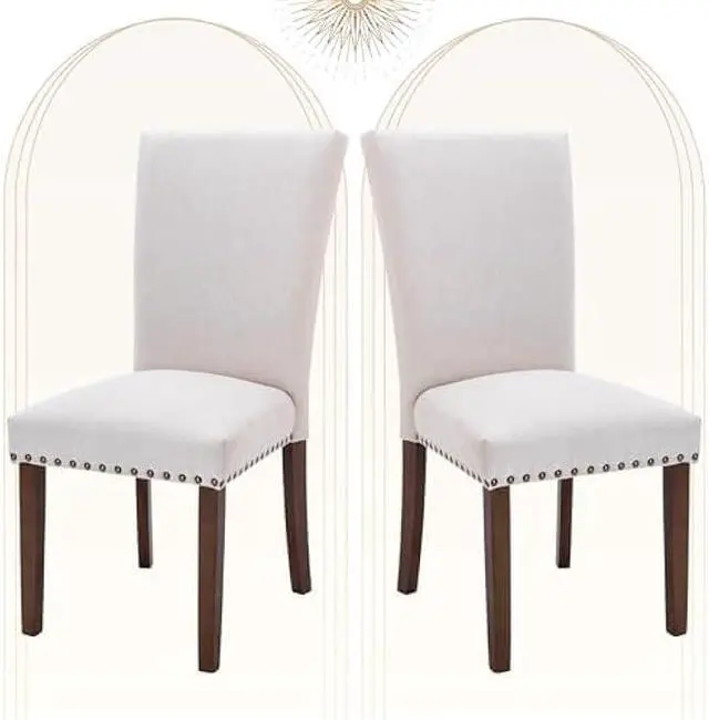 Main image of COLAMY Upholstered Parsons Dining Chairs Set of 2, Fabric Dining Room Kitchen Side Chair with Nailhead Trim and Wood Legs - Beige