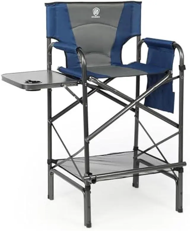 Main image of EVER ADVANCED Tall Folding Chair 30.7 Seat Height Directors Chair High Foldable Bar Stool for Makeup Artist Face Painting with Side Table Cup Holder and Storage Pocket Supports 350LBS (Blue/Grey)