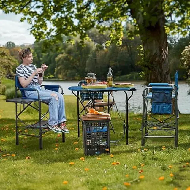 Alt view image 2 of 4 - EVER ADVANCED Tall Folding Chair 30.7 Seat Height Directors Chair High Foldable Bar Stool for Makeup Artist Face Painting with Side Table Cup Holder and Storage Pocket Supports 350LBS (Blue/Grey)