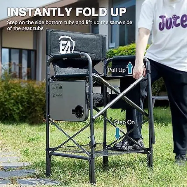 Alt view image 4 of 4 - EVER ADVANCED Tall Folding Chair 30.7 Seat Height Directors Chair High Foldable Bar Stool for Makeup Artist Face Painting with Side Table Cup Holder and Storage Pocket Supports 350LBS (Blue/Grey)