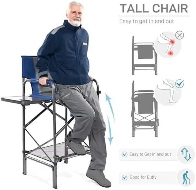 Alt view image 3 of 4 - EVER ADVANCED Tall Folding Chair 30.7 Seat Height Directors Chair High Foldable Bar Stool for Makeup Artist Face Painting with Side Table Cup Holder and Storage Pocket Supports 350LBS (Blue/Grey)