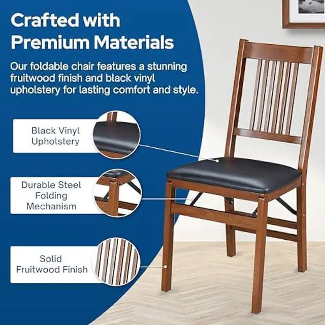 Alt view image 3 of 5 - MECO Stakmore True Mission Wooden Folding Chairs with Padded Seats, Set of 2 - No Assembly Foldable Dining Chairs, Steel Folding Mechanism, Upholstered Cushion, Space-Saving, Fruitwood Frame
