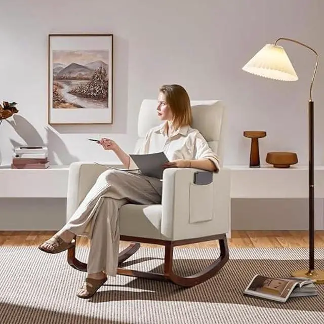 Alt view image 3 of 4 - Yaheetech Rocking Chair, Modern Glider Chair, Recliner Armchair with Wood Legs and Side Pocket, Nursery Rocking Accent Chair with High Back for Living Room Bedroom, Beige