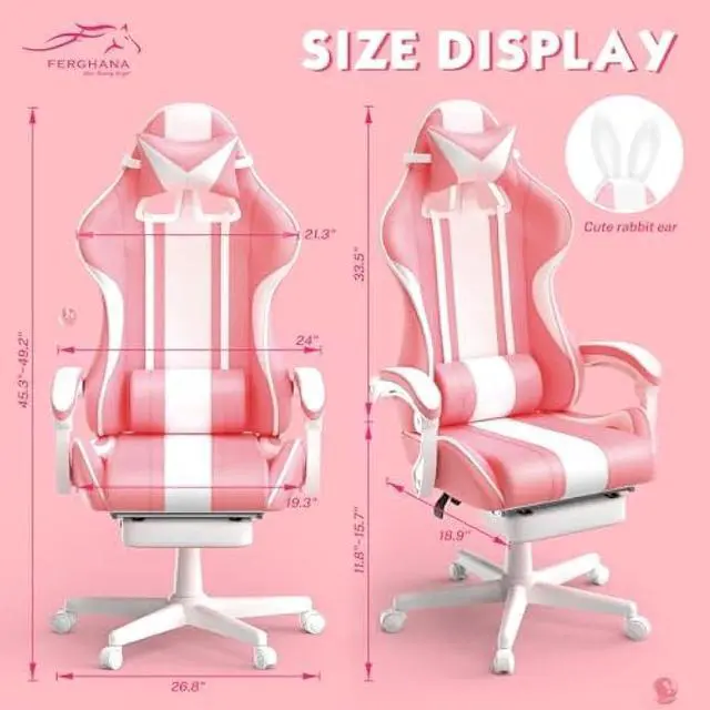 Alt view image 3 of 5 - Ferghana Kawaii Pink Gaming Chair with Bunny Ears, Ergonomic Cute Gamer Chair with Footrest and Massage, Racing Reclining Leather Office Computer Game Chair 250lbs for Girls Adults Teens Kids