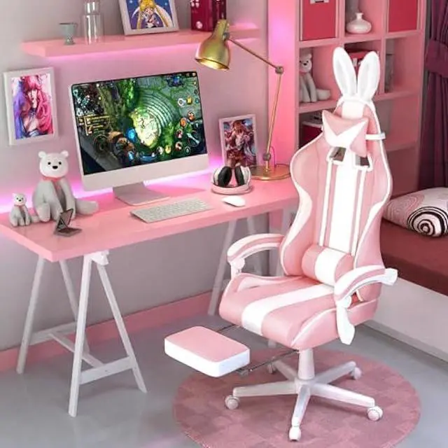 Alt view image 2 of 5 - Ferghana Kawaii Pink Gaming Chair with Bunny Ears, Ergonomic Cute Gamer Chair with Footrest and Massage, Racing Reclining Leather Office Computer Game Chair 250lbs for Girls Adults Teens Kids