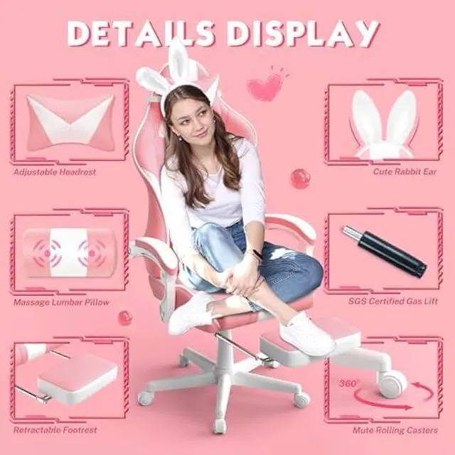 Alt view image 4 of 5 - Ferghana Kawaii Pink Gaming Chair with Bunny Ears, Ergonomic Cute Gamer Chair with Footrest and Massage, Racing Reclining Leather Office Computer Game Chair 250lbs for Girls Adults Teens Kids