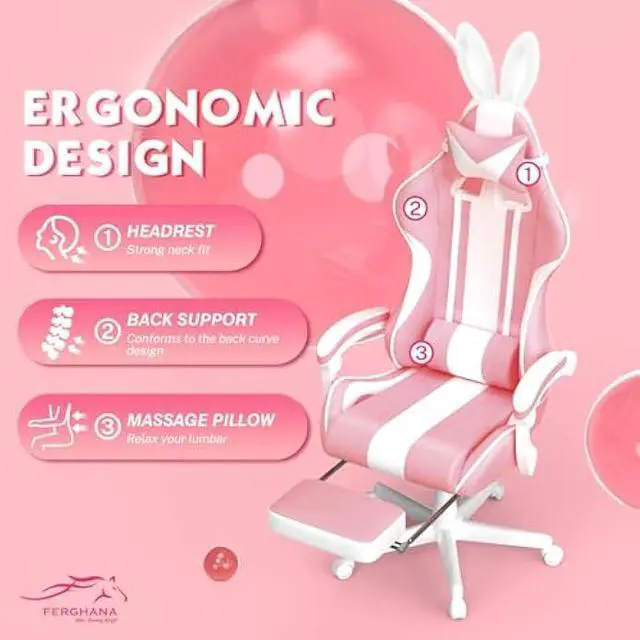 Alt view image 5 of 5 - Ferghana Kawaii Pink Gaming Chair with Bunny Ears, Ergonomic Cute Gamer Chair with Footrest and Massage, Racing Reclining Leather Office Computer Game Chair 250lbs for Girls Adults Teens Kids