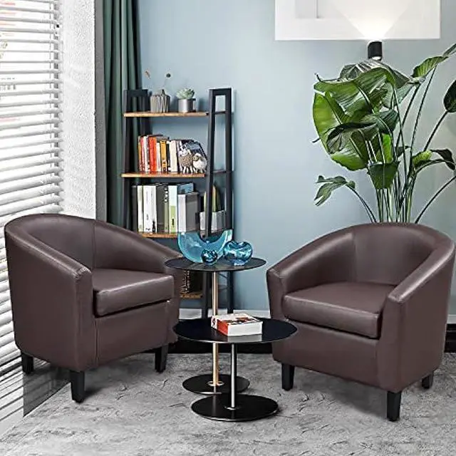 Alt view image 2 of 5 - Yaheetech PU Leather Accent Chairs, Modern Barrel Chairs Side Chairs, Comfy Club Chairs with Soft Padded, 2 Chairs for Living Room/Bedroom/Reading Room, Espresso, Set of 2