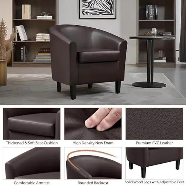 Alt view image 5 of 5 - Yaheetech PU Leather Accent Chairs, Modern Barrel Chairs Side Chairs, Comfy Club Chairs with Soft Padded, 2 Chairs for Living Room/Bedroom/Reading Room, Espresso, Set of 2