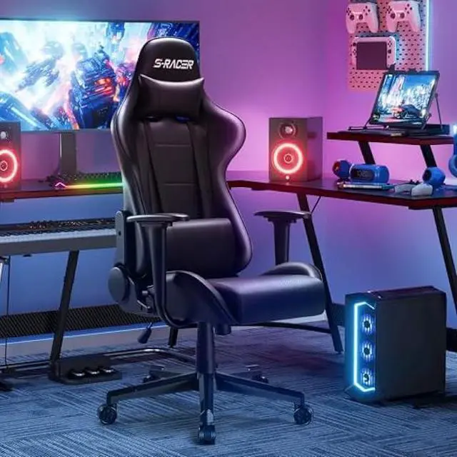 Alt view image 2 of 5 - Furniwell Gaming Chair Racing Computer Chair Office Desk Chair Adjustable Swivel High Back Carbon Fiber Style Leather Executive Ergonomic Chair with Headrest and Lumbar Support (Black)