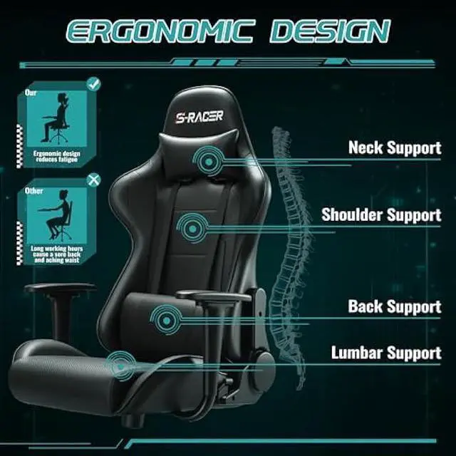 Alt view image 3 of 5 - Furniwell Gaming Chair Racing Computer Chair Office Desk Chair Adjustable Swivel High Back Carbon Fiber Style Leather Executive Ergonomic Chair with Headrest and Lumbar Support (Black)