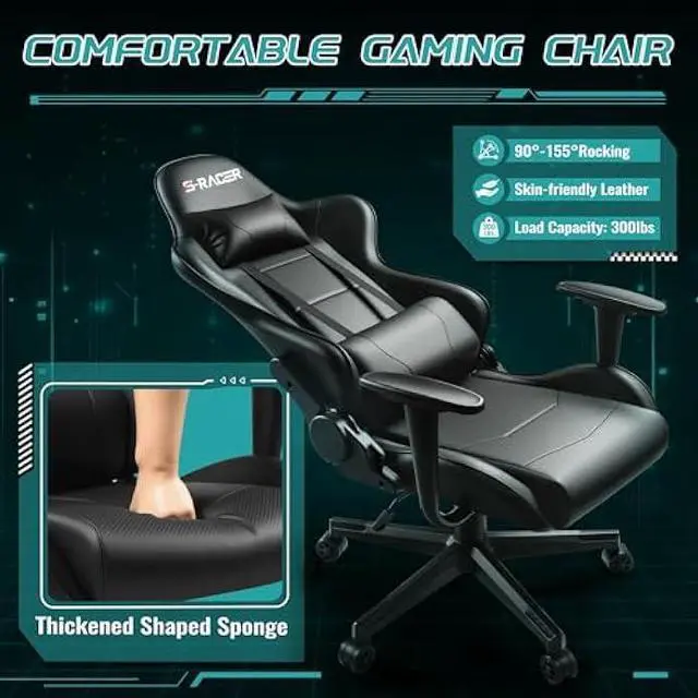 Alt view image 5 of 5 - Furniwell Gaming Chair Racing Computer Chair Office Desk Chair Adjustable Swivel High Back Carbon Fiber Style Leather Executive Ergonomic Chair with Headrest and Lumbar Support (Black)