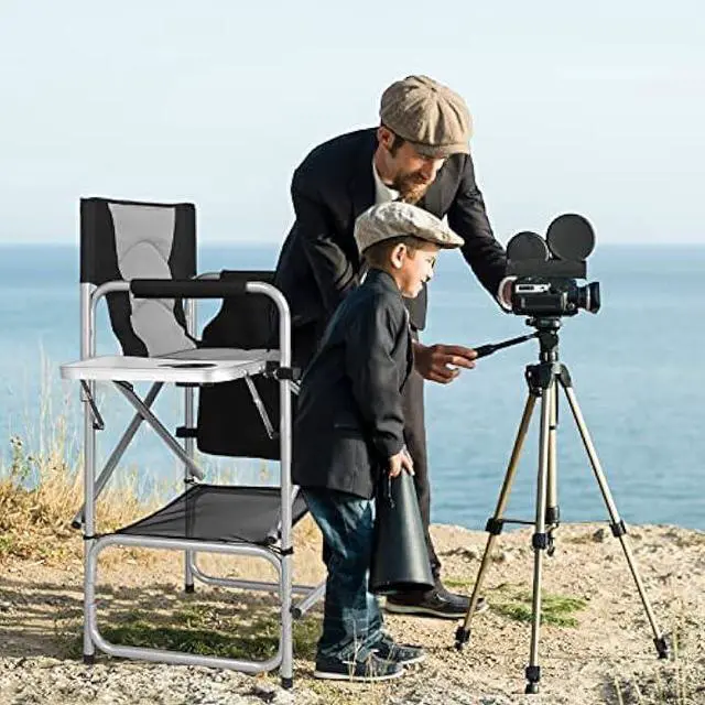 Alt view image 2 of 6 - mefeir Tall Camping Chair Makeup Artist Director Chair 26 Counter Height, Portable Folding Design with Side Table, Cup Holder & Side Storage Bag, Heavy-Duty Iron Frame (300 lbs Capacity)